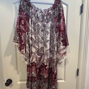 Boho Off-Shoulder Paisley Tunic Dress - Burgundy & Cream